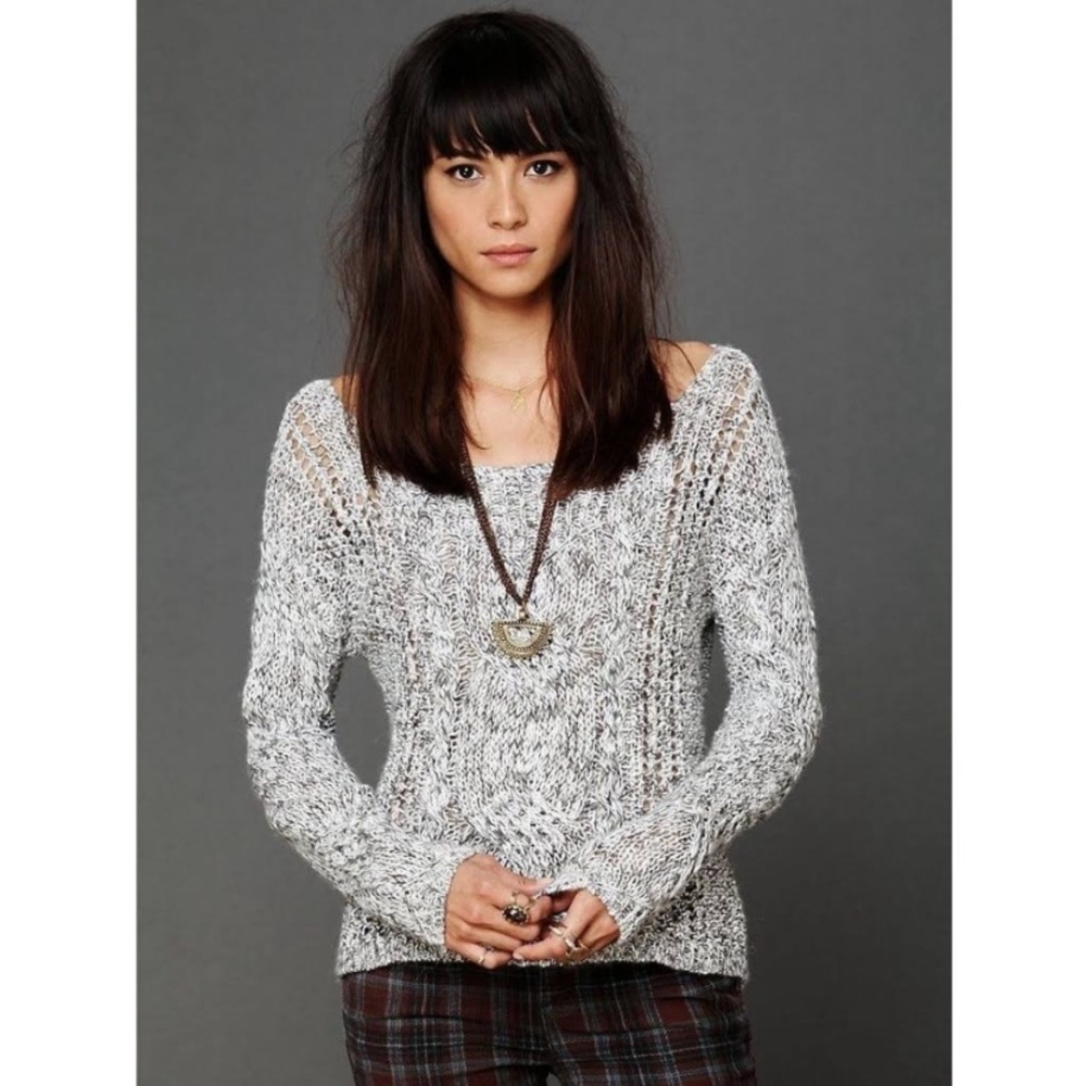 Free People Linen Wool Alpaca Blend Open Weave Marled Gray Pullover Sweater - Picture 3 of 12
